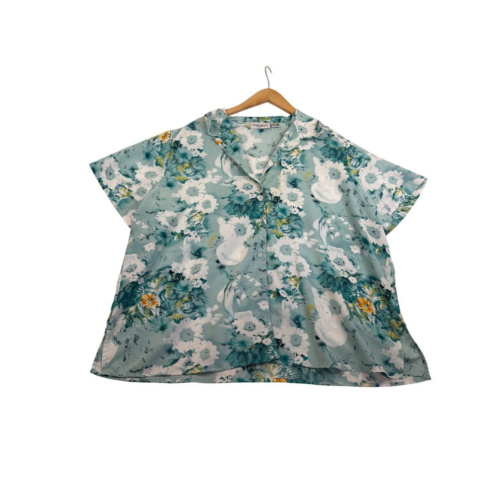 Claudia Richard Woman Teal Floral Short Sleeve Button Down Shirt Plus Size 24W
